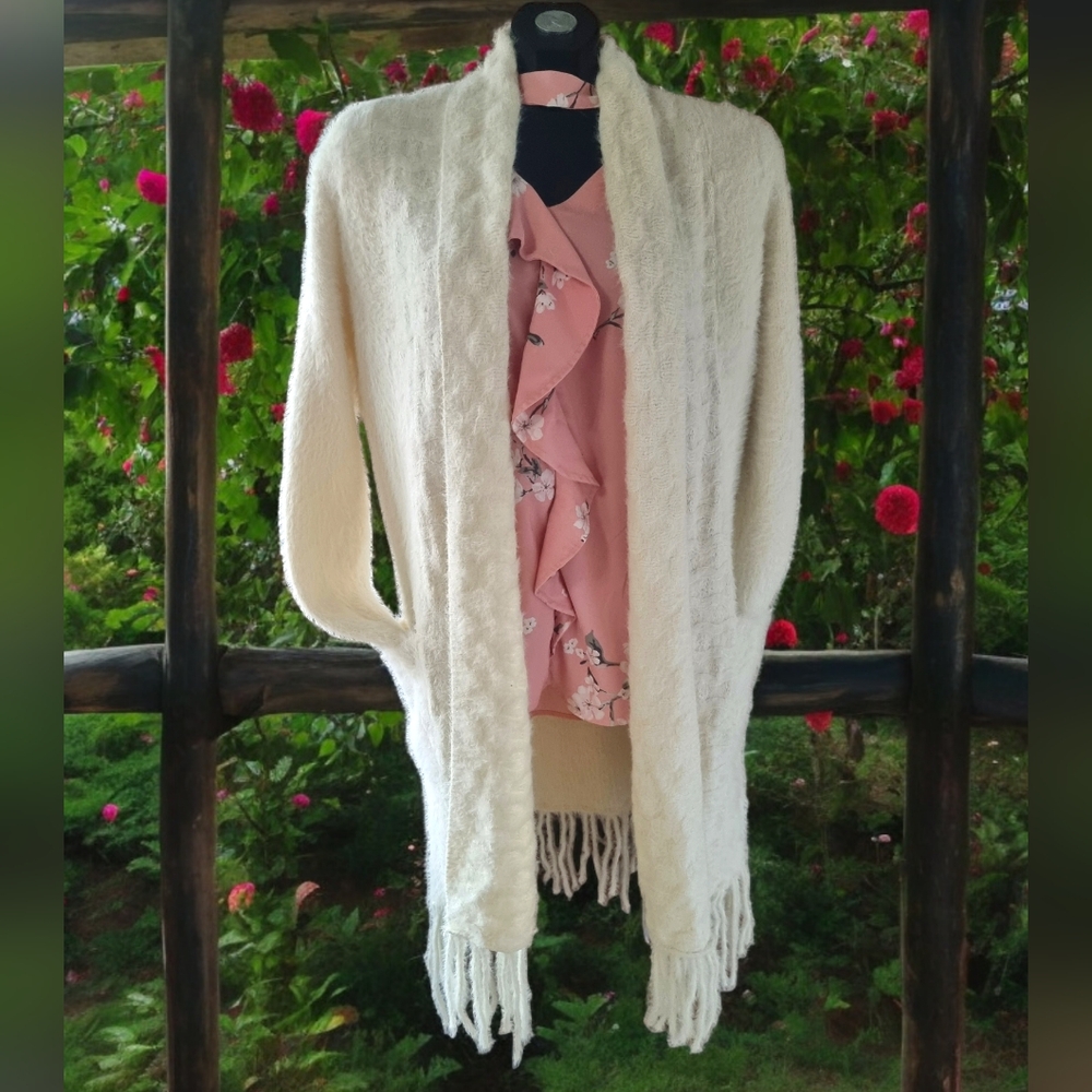 MinKas Cozy and Fuzzy Cream Open Front Long Fringed Cardigan Sweater